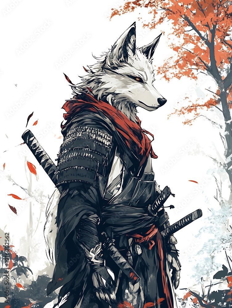 Anthropomorphic Wolf Samurai Warrior with Red Sash and Katana Swords. Anthropomorphic Wolf Samurai Warrior with Red Sash and Katana Swords.