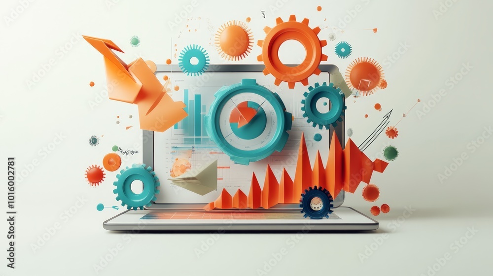Fototapeta premium A laptop with colorful charts and gears emerging from the screen.