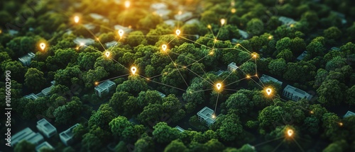Detailed aerial view showing land plots with location markers and connecting lines, representing accurate property mapping, highresolution and vivid photo