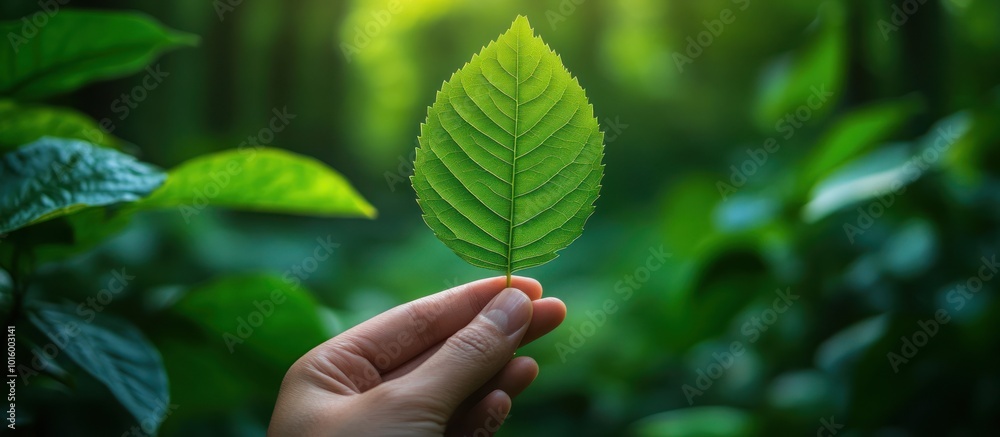 Close-up of a hand holding a single green leaf in a lush forest setting. Close-up of a hand holding a single green leaf in a lush forest setting.