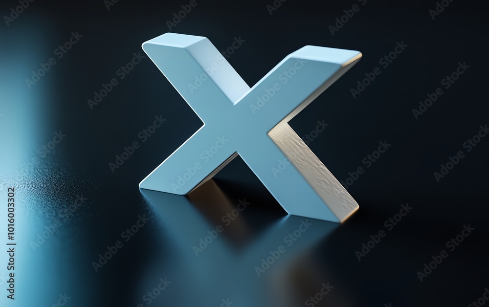 Obraz premium Detailed image of a large white X on a reflective black surface, representing social media engagement and digital communication, realistic and vivid