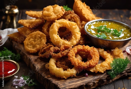 vibrant close imagery mouthwatering deep fried snacks displaying crispy texture appetizing colors, crunchy, golden, savory, delicious, gourmet, tasty photo