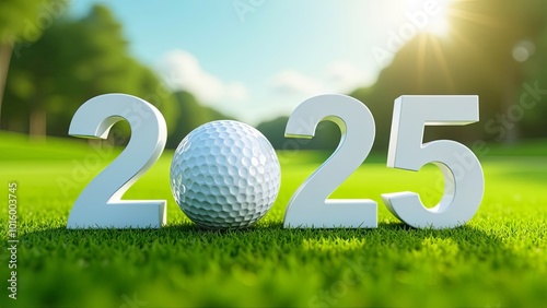 Golf ball with white letter 2025 on a golf field background, 2025 new year sport concept. 