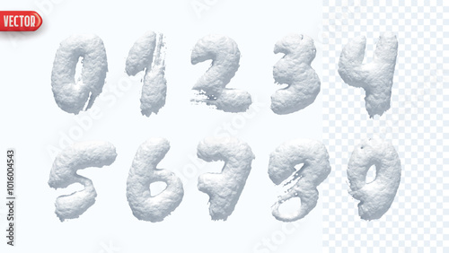 Winter Snow numbers realistic 3d design isolated on background. Set of numbers from 0 to 9 made from snowy white texture. vector illustration