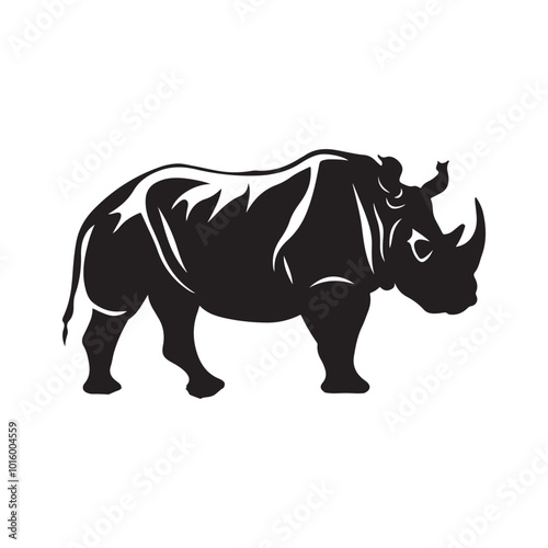 black silhouette of a Rhino with thick outline side view isolated