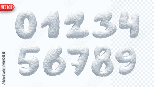 Winter Snow numbers realistic 3d design isolated on background. Set of numbers from 0 to 9 made from snowy white texture. vector illustration