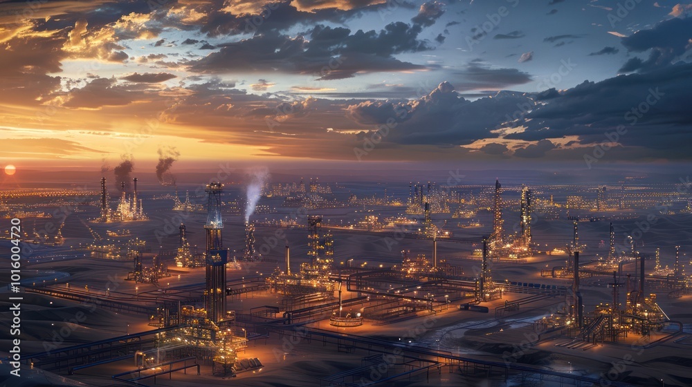 Fototapeta premium Illuminated Refinery Complex at Sunset with Extensive Piping and Structures