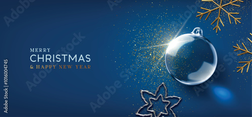 Merry Christmas and Happy New Year background. Christmas realistic 3d transparent ornament, glass star, flat top view, gold metallic snowflakes and confetti. Light blue background. Vector illustration