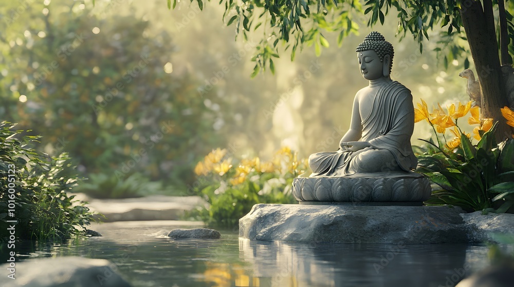 A serene scene with a Buddha statue, symbolizing peace and good fortune A serene scene with a Buddha statue, symbolizing peace and good fortune