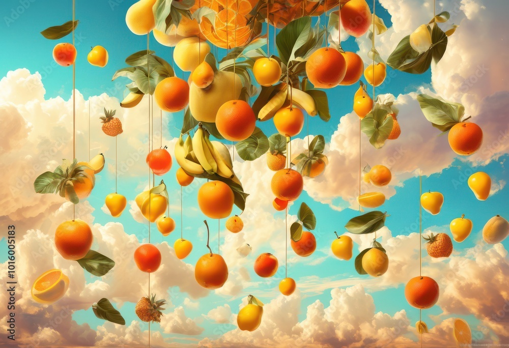 vibrant floating fruits whimsical cloudy sky featuring bright colors curved shapes, apple, banana, berry, cherry, grape, kiwi, lemon, melon, orange vibrant floating fruits whimsical cloudy sky featuring bright colors curved shapes, apple, banana, berry, cherry, grape, kiwi, lemon, melon, orange