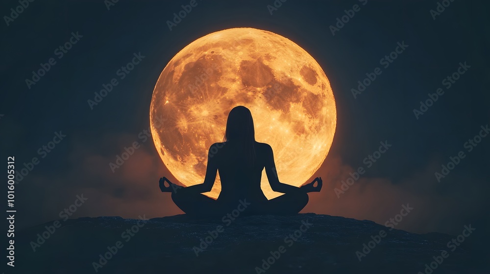 A person meditating under a full moon, harnessing lunar energy for luck A person meditating under a full moon, harnessing lunar energy for luck