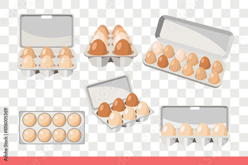 Trays with eggs, viewed from different angles, for design of display for store selling natural farm products produced in poultry farms. Fresh eggs inside paper or recycled trash trays.