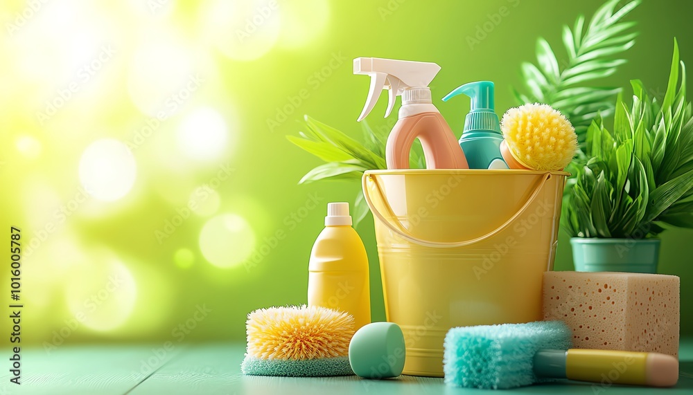 Bucket with an assortment of household cleaning items, including spray bottles and sponges, against a vibrant, sunny green background, realistic and detailed