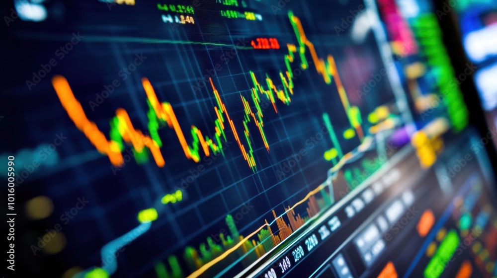 A financial screen displaying fluctuating stock market charts and colorful diagrams representing global economic trends A financial screen displaying fluctuating stock market charts and colorful diagrams representing global economic trends