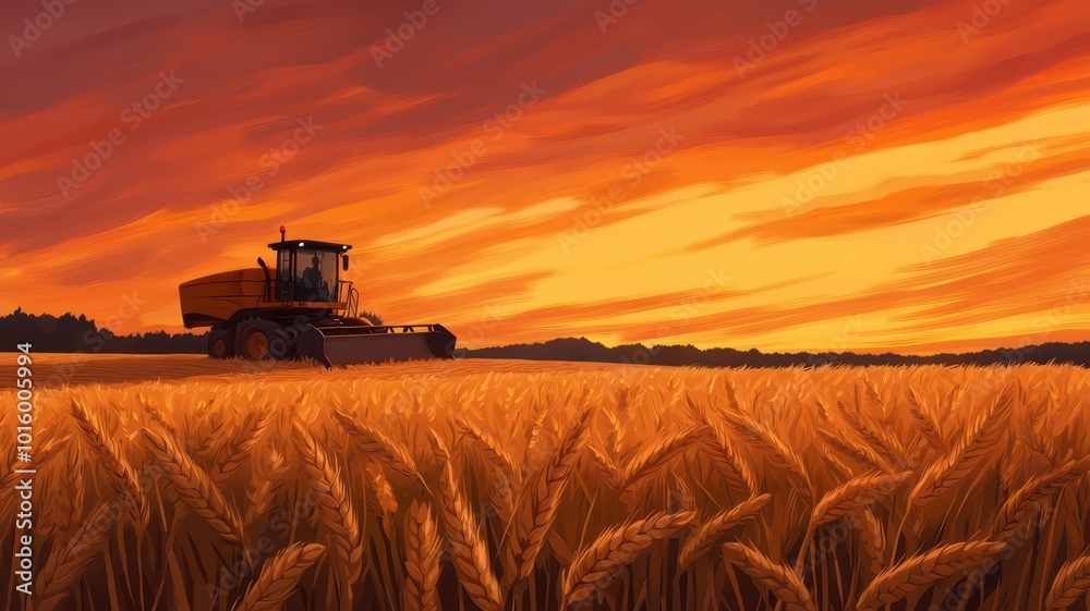 Fototapeta premium A breathtaking scene of golden barley fields being harvested by large machinery at dusk.