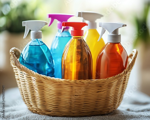 Cleaning products arranged in a basket, including spray bottles and detergent, showcasing themes of cleanliness and organization, highresolution and clear photo