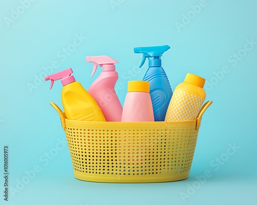 Cleaning products arranged in a basket, including spray bottles and detergent, showcasing themes of cleanliness and organization, highresolution and clear photo