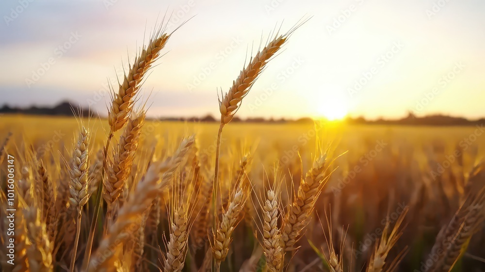 A breathtaking scene of golden barley fields being harvested by large machinery at dusk. A breathtaking scene of golden barley fields being harvested by large machinery at dusk.