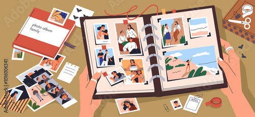 Photo album in hand. Open DIY scrapbook with photographs, capturing memories and moments. Organizing personal pictures, designing photography archive, journal, diary. Flat vector illustration