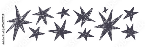 Stars set, crayon and chalk textured doodles. Simple pencil scribbled drawings, sparkles with oil pastel wax strokes in kids style. Hand-drawn vector illustration isolated on white background