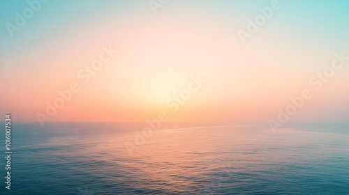 Serene pastel-colored ocean horizon at sunrise, with soft gradient skies meeting the calm water in a peaceful scene. Generative AI