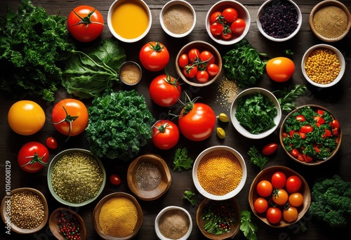 colorful flat lay arrangement showcasing variety fresh meal ingredients including spices culinary creativity, fruits, vegetables, grains, herbs, colours