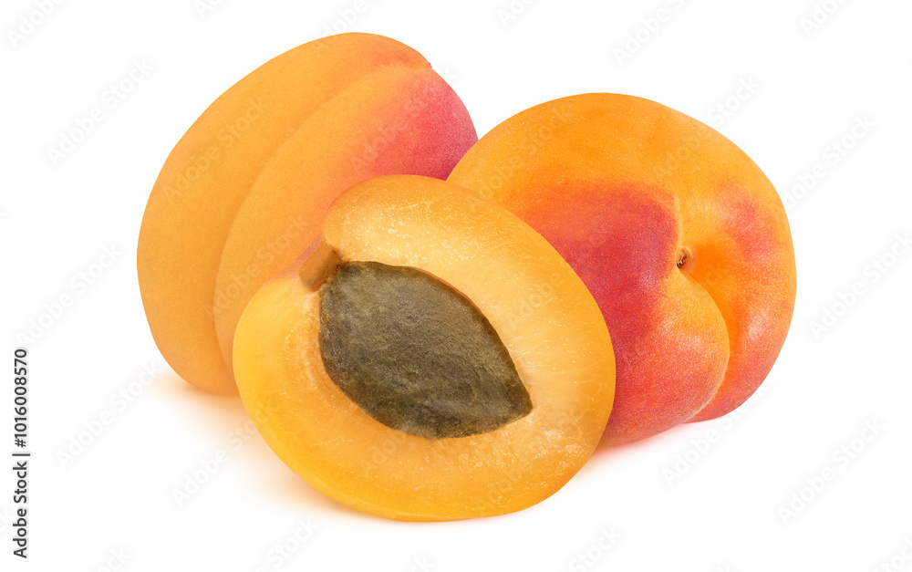 Apricots on isolated white background. Slice with pit and whole Apricots on isolated white background. Slice with pit and whole