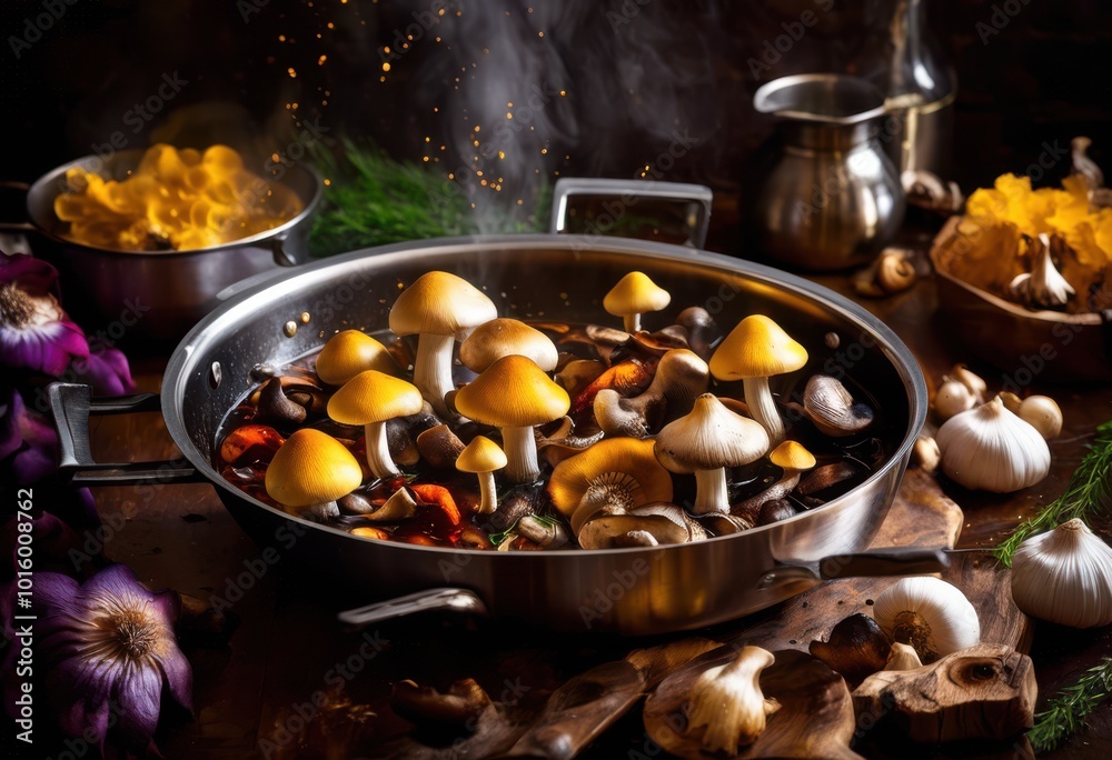 close view colorful mushrooms cooking pan amidst steam heat, vibrant, food, ingredients, vegetable, fresh, healthy, cuisine, organic, texture, slice close view colorful mushrooms cooking pan amidst steam heat, vibrant, food, ingredients, vegetable, fresh, healthy, cuisine, organic, texture, slice