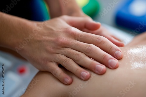 Close-up image of hands providing a massage to someone's back, emphasizing the soothing and healing effects of touch in a serene and relaxing environment. photo