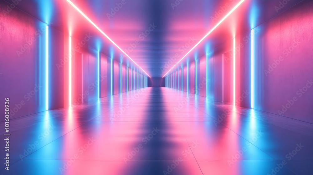 A long, empty hallway with neon lights on the walls and floor creating a futuristic or abstract design. A long, empty hallway with neon lights on the walls and floor creating a futuristic or abstract design.
