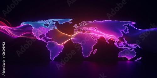 World map, earth flat view made of fluid neon curves dark backdrop glowing rendered abstract lighting with futuristic design concept set against a banner background. Generative AI