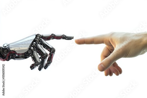 An interaction between human and robotic hands showcases the meeting of advanced robotics and humanity, exploring themes of innovation and futuristic cooperation.