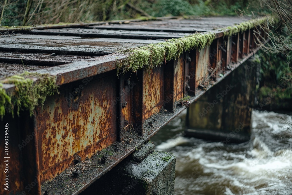 An old, rusty iron bridge spans a flowing river with lush, green moss growing along its edges, creating a contrasting image of nature meeting industrial decay. An old, rusty iron bridge spans a flowing river with lush, green moss growing along its edges, creating a contrasting image of nature meeting industrial decay.
