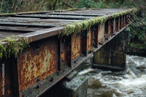 An old, rusty iron bridge spans a flowing river with lush, green moss growing along its edges, creating a contrasting image of nature meeting industrial decay. photo