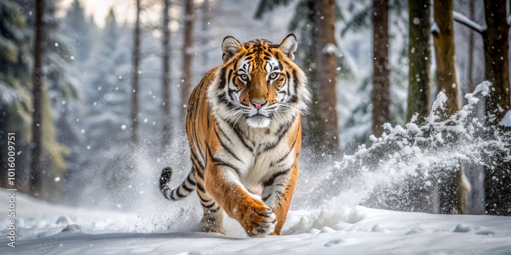 Obraz premium majestic tiger running through snowy forest, surrounded by tall trees and falling snowflakes, embodies beauty and power of wildlife in winter