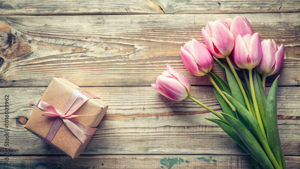 Beautiful pink tulips are arranged next to gift box on rustic wooden table, creating charming and inviting scene perfect for celebrations or special occasions Beautiful pink tulips are arranged next to gift box on rustic wooden table, creating charming and inviting scene perfect for celebrations or special occasions