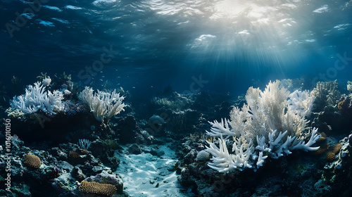 Underwater view of a coral reef ecosystem with sunlight beams and marine life in a serene ocean environment. Generative AI