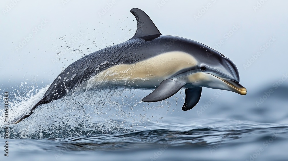 A long-beaked common dolphin leaps out of the water, creating a spray of water droplets. A long-beaked common dolphin leaps out of the water, creating a spray of water droplets.