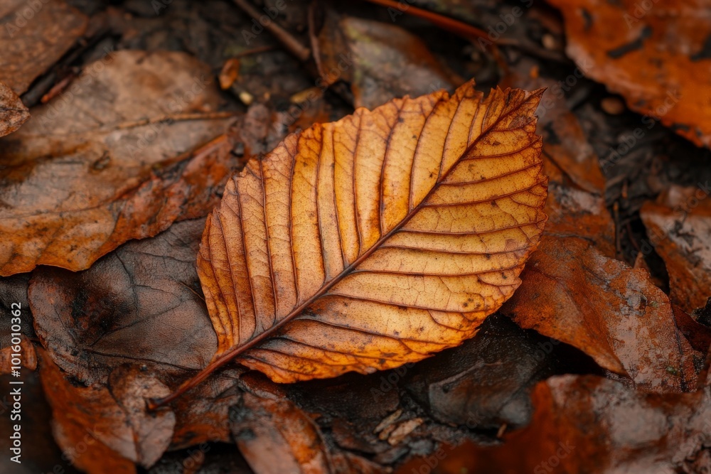 A detailed view of an aging autumn leaf lying among wet, dark foliage, capturing the essence of nature's cycle, decay, and seasonal transition. A detailed view of an aging autumn leaf lying among wet, dark foliage, capturing the essence of nature's cycle, decay, and seasonal transition.
