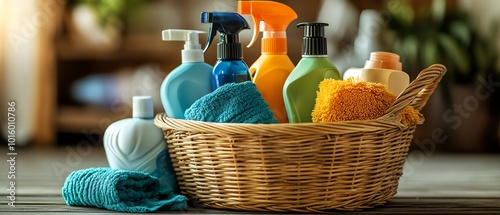 Basket with various cleaning products, including spray bottles and detergent, illustrating themes of cleanliness and organization, highquality and detailed photo