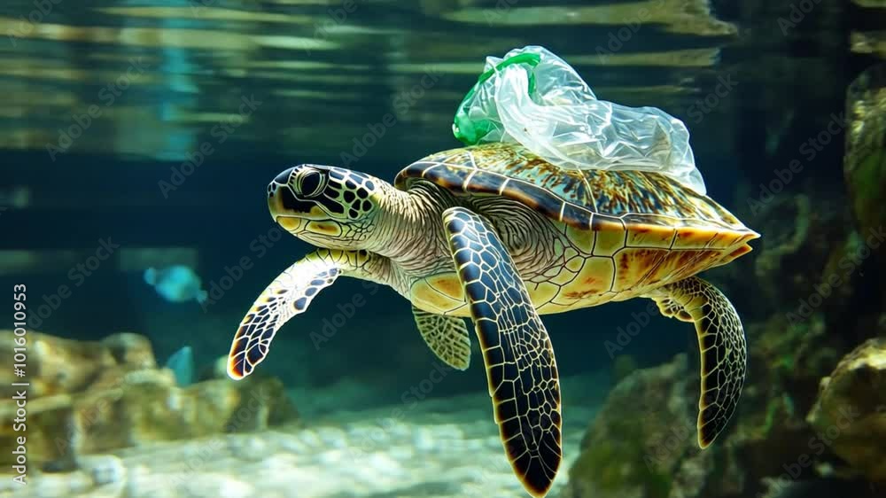 A sea turtle swimming near a plastic bag, highlighting the threat of ...