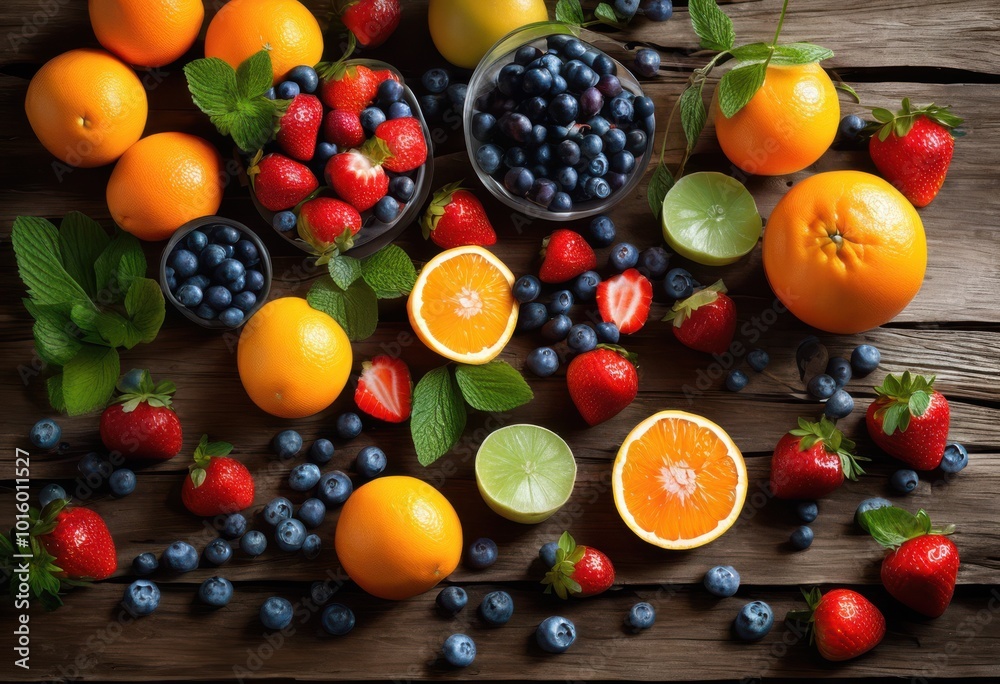 colorful fresh fruit display rustic wooden background rich textures natural elements culinary inspiration, apple, banana, orange, grape, kiwi, melon colorful fresh fruit display rustic wooden background rich textures natural elements culinary inspiration, apple, banana, orange, grape, kiwi, melon