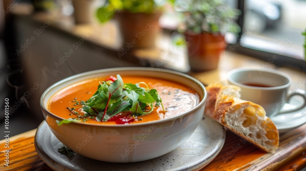 Delicious bowl of soup with fresh herbs and bread on a wooden table by the window. Delicious bowl of soup with fresh herbs and bread on a wooden table by the window.