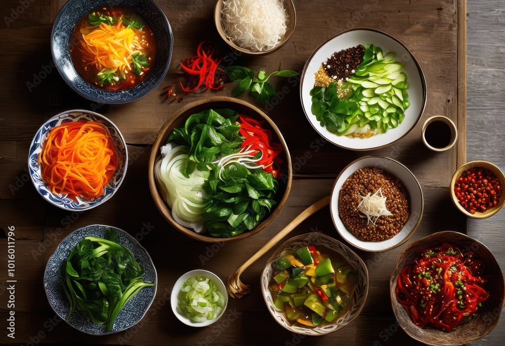 vibrant assembly colorful chinese food ingredients showcasing fresh noodles sauces ideal delicious dishes, vegetable, spice, herb, chili, garlic vibrant assembly colorful chinese food ingredients showcasing fresh noodles sauces ideal delicious dishes, vegetable, spice, herb, chili, garlic
