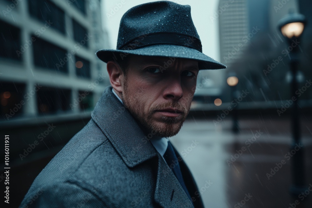 Mysterious man in dark hat and coat on rainy city street Mysterious man in dark hat and coat on rainy city street