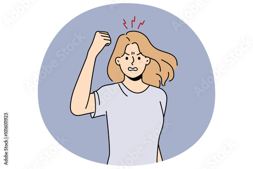 Angry woman showing fist feeling furious and enraged. Mad female showing emotions having bad unpleasant experience. Vector illustration.