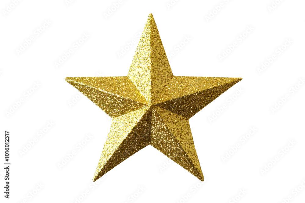 Gold glitter star with a three-dimensional design, isolated on a white background. Gold glitter star with a three-dimensional design, isolated on a white background.
