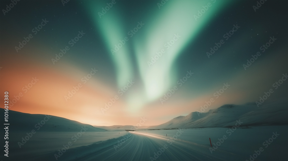 A road with a bright green aurora in the sky