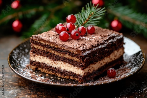 Delicious chocolate cake with red berries and pine needles