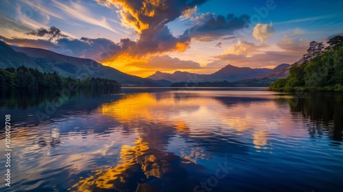 Serene Sunset Over Calm Lake with Majestic Mountains Reflecting in the Water